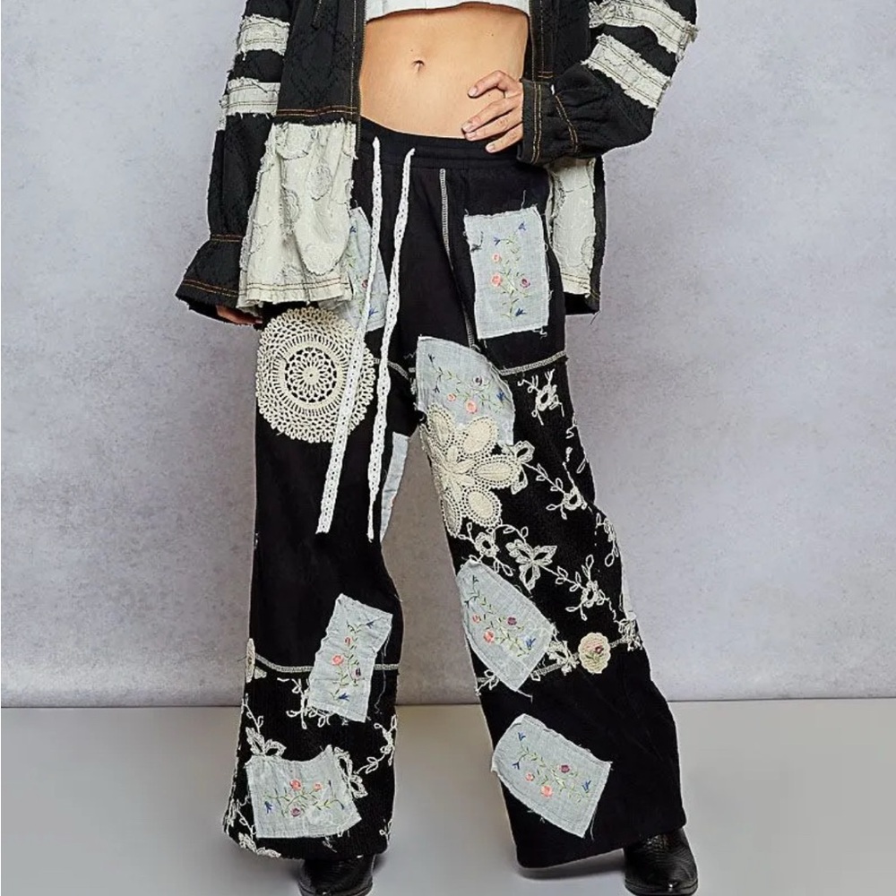 POL Black Wide Leg Pants with Intricate Cream Accents